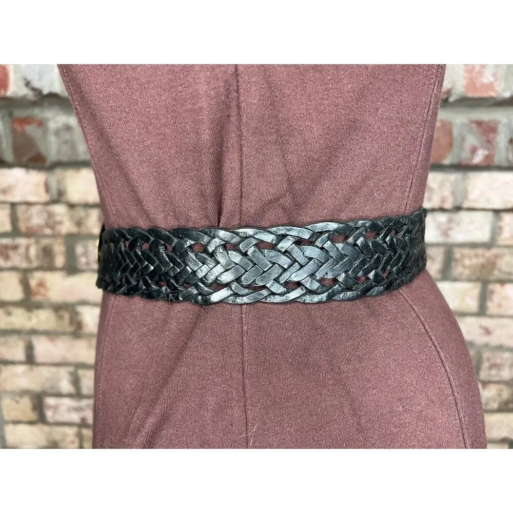 belt split leather black braided goldtone buckle stone western